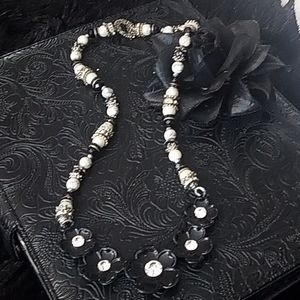 Necklace: Black Flower and Rhinestone Necklace